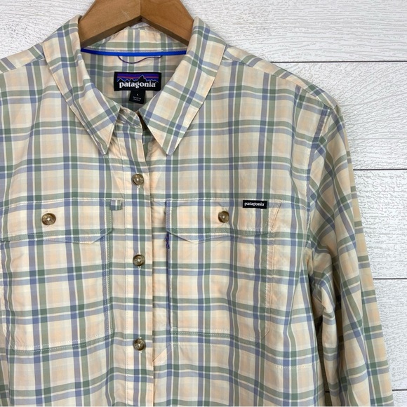 Patagonia Long Sleeve Sun Stretch Shirt Pale Yellow Plaid Large Outdoor Fishing - Picture 4 of 5
